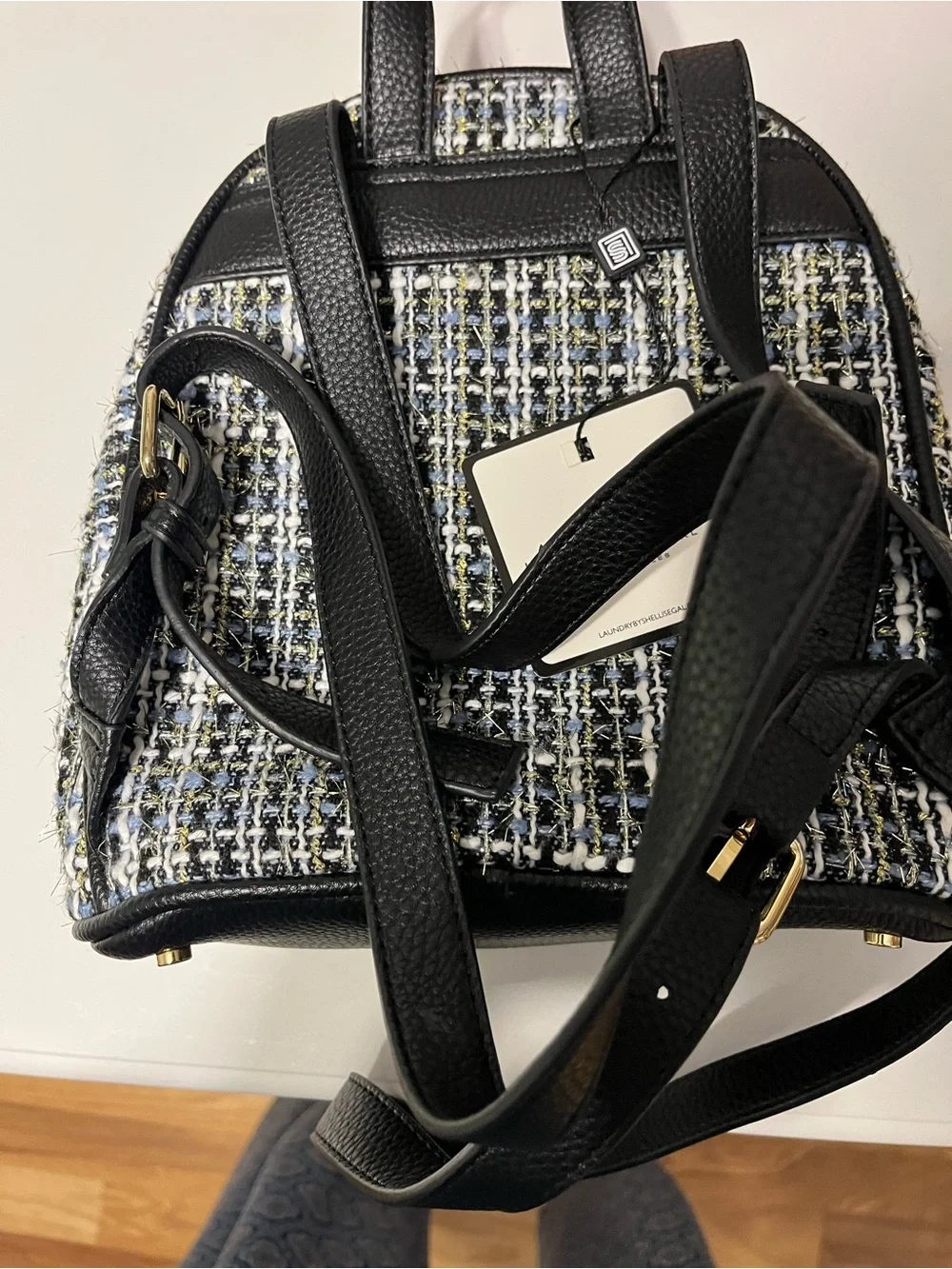 Laundry by Shelli tweed Mini Backpack with Gold Chain Accent - Black/White/Blu